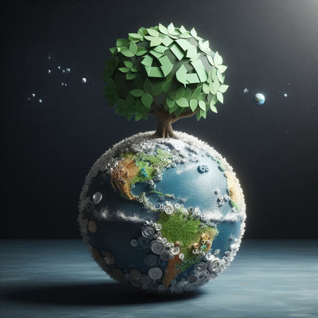 Conceptual image with green tree on planet earth.の素材