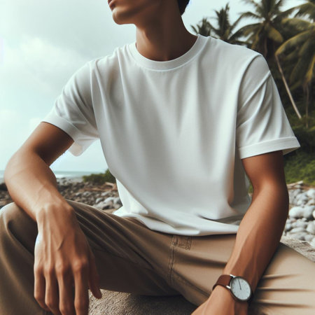 Unrecognizable asian young man in white t-shirt and beige pants sitting on a rock by the ocean.の素材