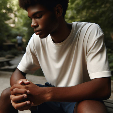Young african american man in white t-shirt sitting on bench in park.の素材