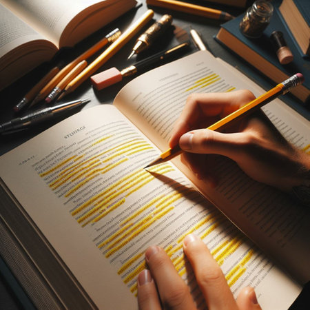 Woman writing in a book with pencils, close-up viewの素材