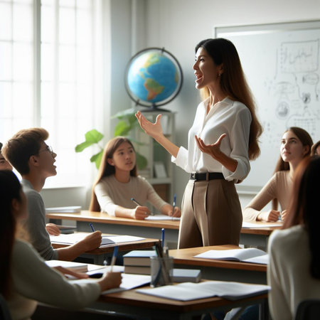 Female teacher conducting lesson in classroom. Elementary school or college education conceptの素材