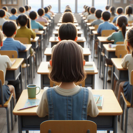 Rear view of a female student sitting in a lecture hall and looking at the cameraの素材