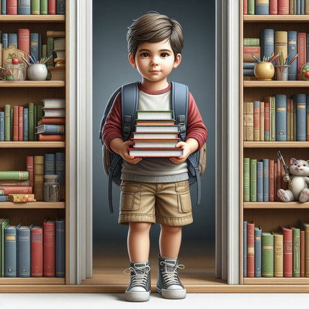 3D illustration of a little boy standing in front of bookshelvesの素材