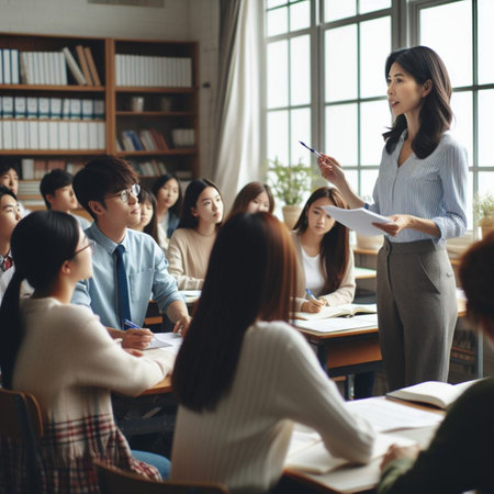 Group of students listening to their teacher during lesson in classroom. Education concept.の素材