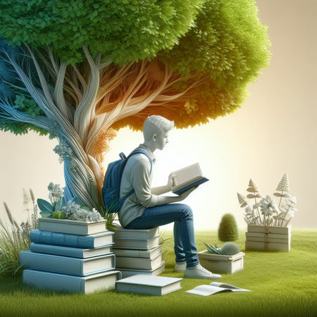Young man reading a book in the green forest. 3D renderingの素材