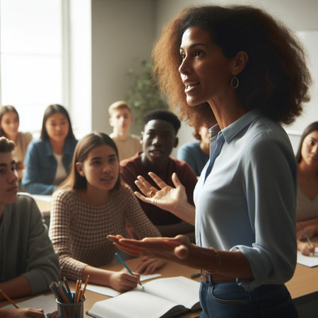 Group of multiethnic people listening to lecture in classroom. Young african american woman sitting at table and listening to lecture. Education conceptの素材