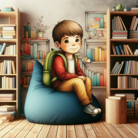 3D illustration of a little boy sitting in an armchair in front of bookshelvesの素材