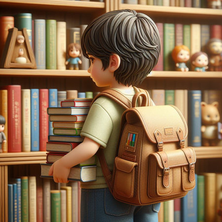 3d illustration of a boy with a backpack and books in the libraryの素材