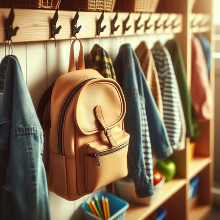 Closet with stylish backpack and different clothes on hangers, closeupの素材