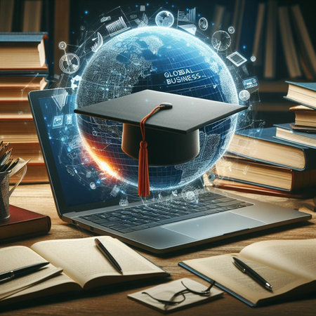 Laptop with graduation cap on screen. Education concept. 3D Renderingの素材