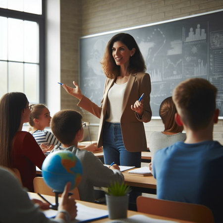 Female teacher giving presentation to students in classroom at school. Education conceptの素材