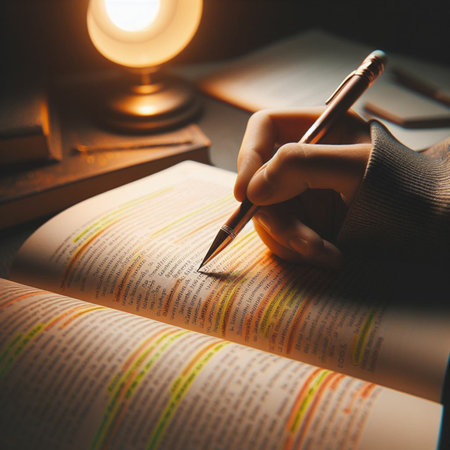 Woman hand writing on book with pen. Education and knowledge concept.の素材