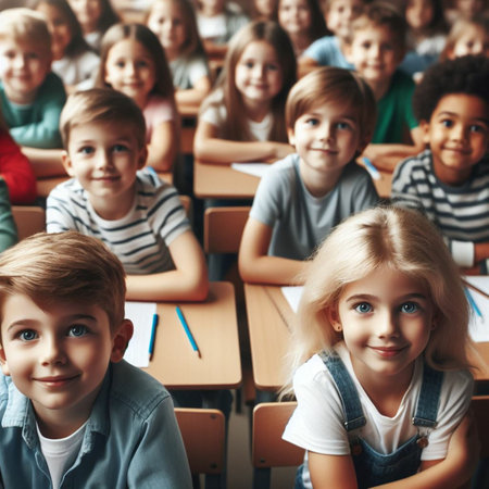 Group of children sitting in classroom and looking at camera. Education conceptの素材