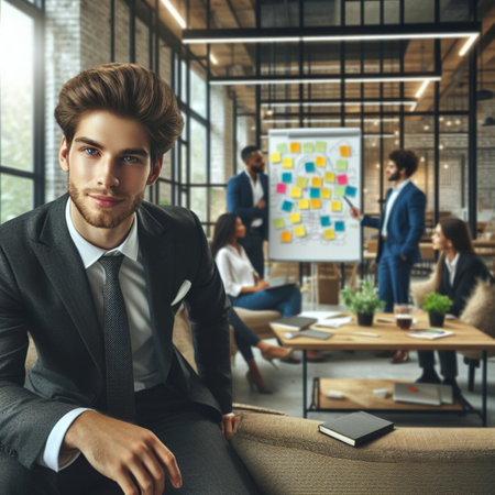 Handsome young businessman in suit is looking at camera and smiling while sitting in officeの素材