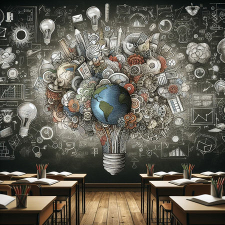 Idea concept with light bulb and business icons on chalkboard backgroundの素材