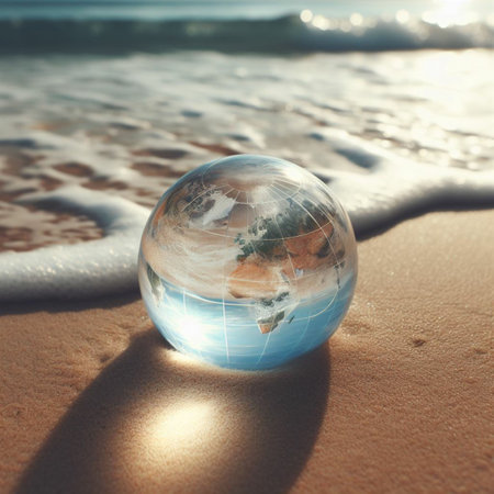 Glass globe on the sand with sea and sunset in the background.の素材