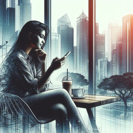 Thoughtful young Asian businesswoman using mobile phone in cafe interior with city view. Communication and technology concept. Double exposureの素材