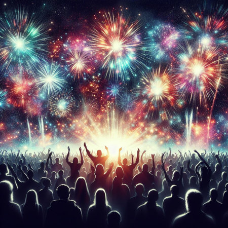 Crowd at a concert and fireworks exploding in the night sky.の素材