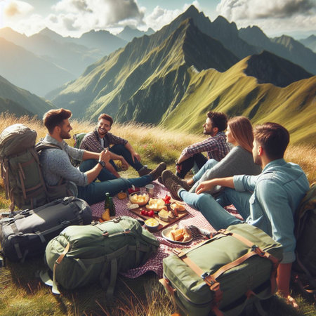 Group of friends having a picnic on the top of the mountain.の素材