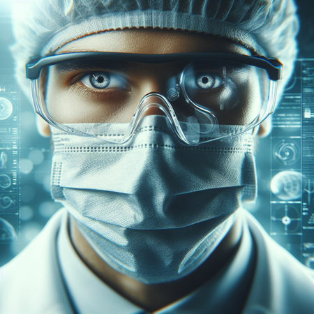 Portrait of a male scientist in a protective suit and glasses.の素材
