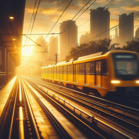 High speed train in the city at sunrise. 3d rendering.の素材