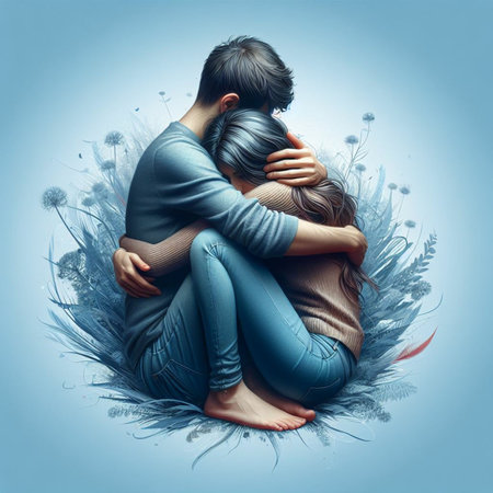Young couple hugging each other on a blue background with dry flowers.の素材