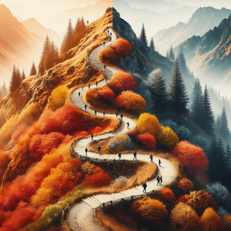 Mountain path in the autumn forest. 3d render illustration.の素材