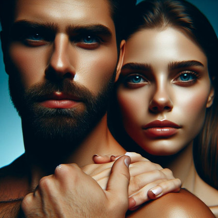 young couple of pretty woman with fashion makeup and handsome man with beard in studio close upの素材