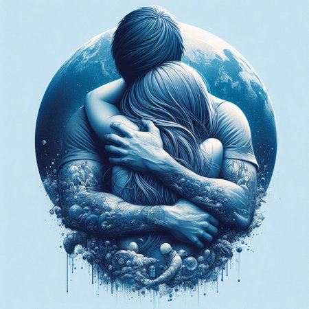 Couple in love hugging each other on the background of the planet.の素材