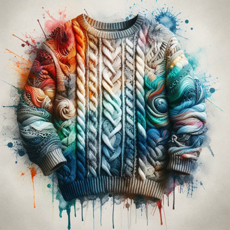 Colorful woolen sweater on a white background with watercolor splashesの素材