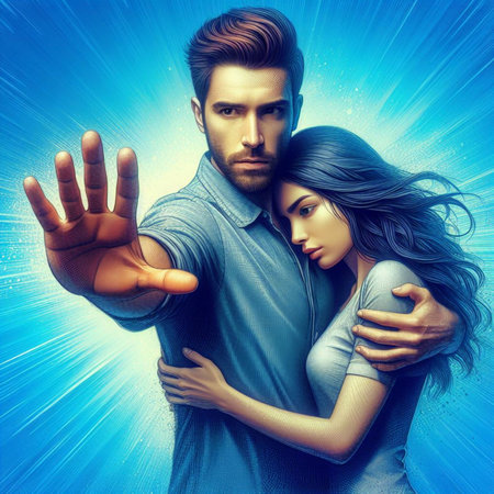 Portrait of a beautiful young couple in love over blue background.の素材