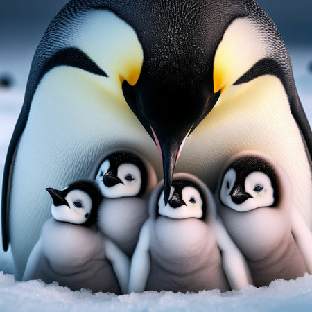 Emperor penguins with chick on snow background. 3D illustration.の素材
