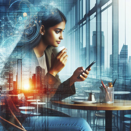 Attractive young woman using mobile phone in cafe with city view. Communication concept. Double exposureの素材