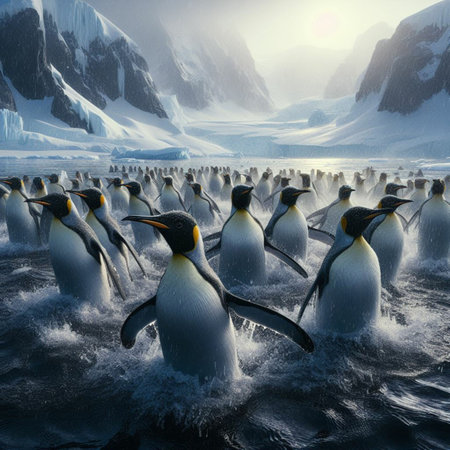 Group of king penguins in the ocean. 3d illustration.の素材