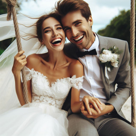gorgeous wedding couple celebrating their wedding day in the tropicsの素材