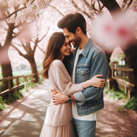 Beautiful couple spend time in a spring park. Girl in a pink dressの素材