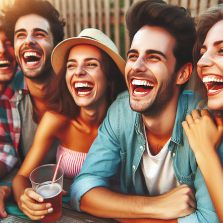 Group of friends having fun on a summer day, drinking beer and laughingの素材