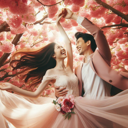 Happy bride and groom dancing in blooming sakura garden. Love conceptの素材