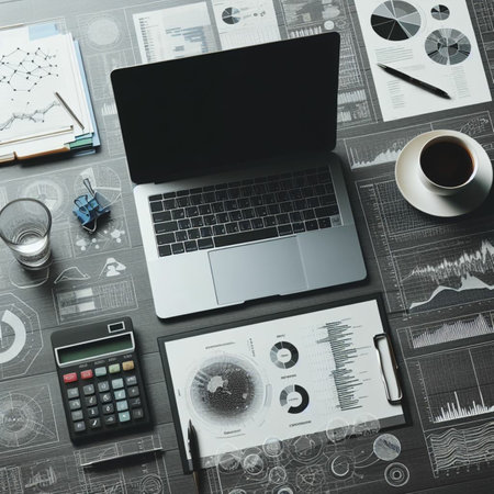 Top view of modern workplace with laptop, coffee cup and other items. Mockupの素材