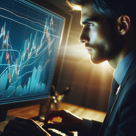 Side view of handsome businessman working on computer with forex chart. Trade and investment concept. Double exposureの素材