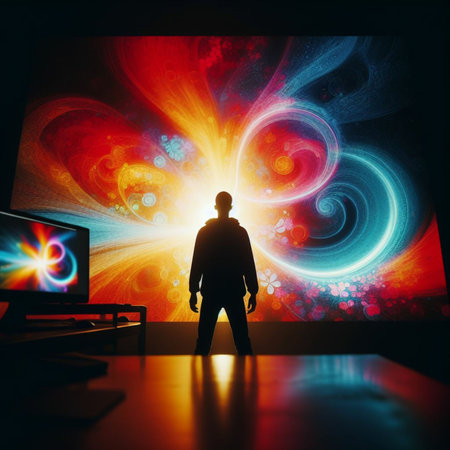 Silhouette of a man in front of a computer monitor.の素材