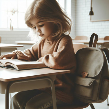 Cute little girl sitting at a desk in a classroom and reading a bookの素材