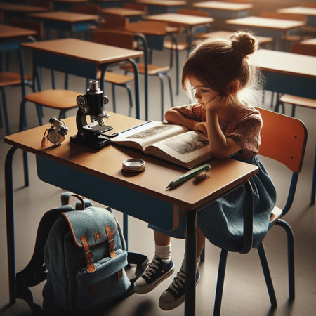 Little schoolgirl sitting at a desk in a classroom and reading a bookの素材