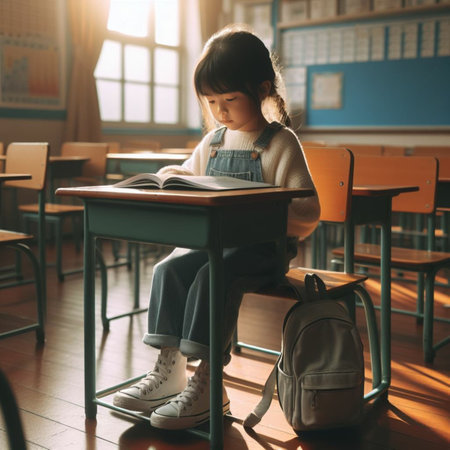 Little Asian girl reading a book while sitting at the desk in the classroomの素材