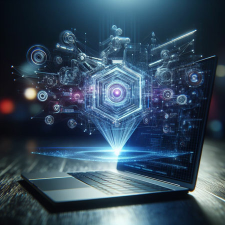 Laptop with abstract technology interface on dark background. 3D renderingの素材