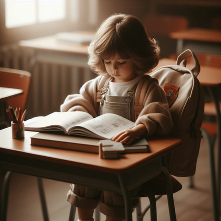 Cute little girl reading a book while sitting at a table in a cafeの素材