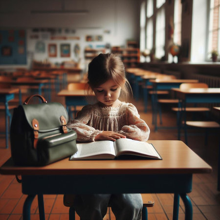 Cute little girl sitting at a desk in a classroom and reading a bookの素材