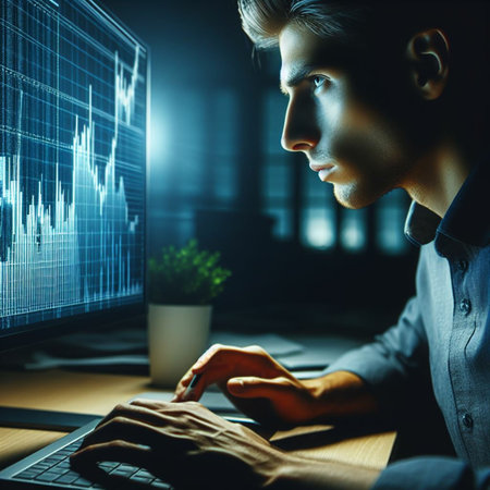 Side view of handsome young businessman working on laptop in dark office. Stock market concept. Double exposureの素材