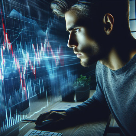 Handsome young man working on computer in dark office. Stock market chart. Double exposureの素材
