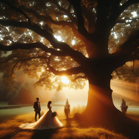 Wedding couple under a large oak tree in the rays of the setting sunの素材